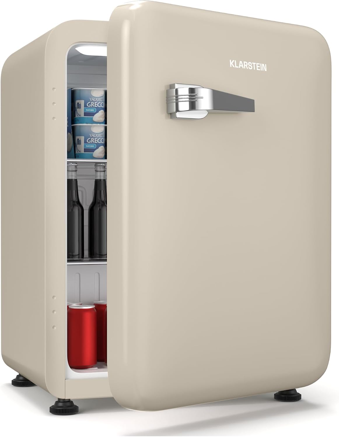 Klarstein Audrey Evo 68L Mini Kühlschrank, Leise 40 dB, Kühlschrank Klein für Schlafzimmer und Büros, Retro-Design, Kompressor, Verstellbare Füße