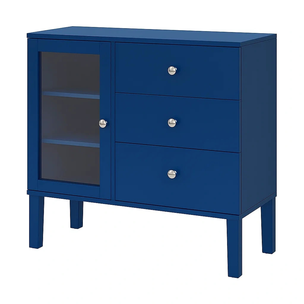 Blauer Schrank aus MDF mit Glastür und Schubladen