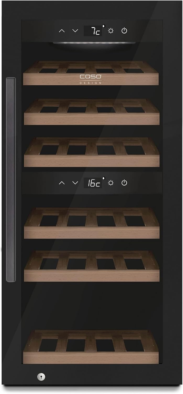 Caso WineExclusive 24 Smart, Zwei getrennte Temparaturzonen einstellbar von 5°-20°C, mit Wi-Fi Modul und App, Design Weinkühlschrank, LED beleuchtet