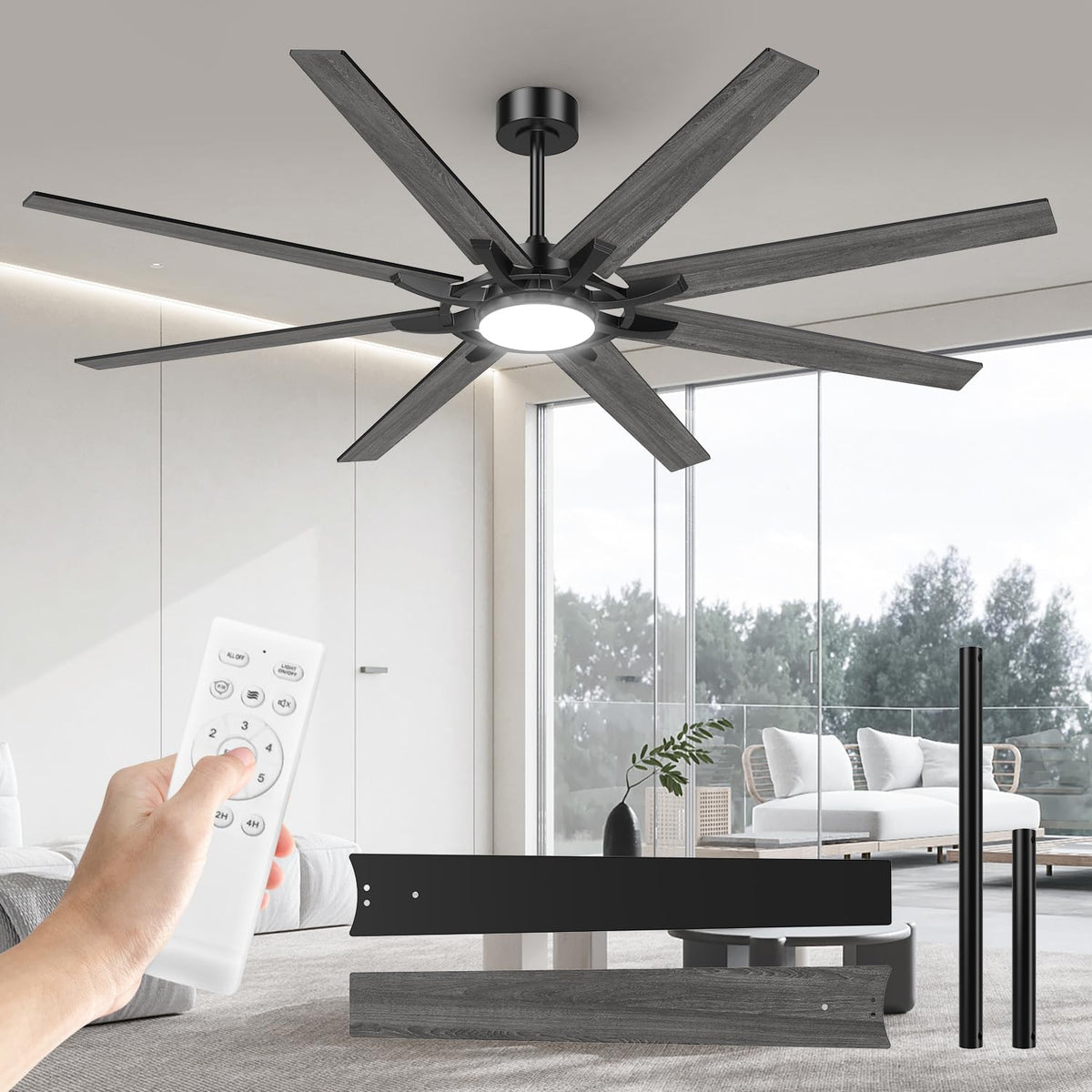 Airwit 183cm Deckenventilator mit Beleuchtung, Outdoor Deckenventilator mit Licht und Fernbedienung, Industrial Design für großes Wohnzimmer, leise