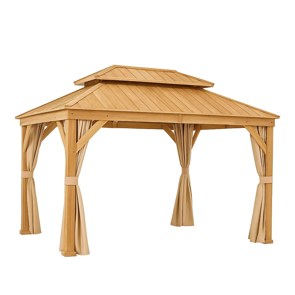 Holzpavillon mit Doppeldach und Vorhängen 400x300x300 cm