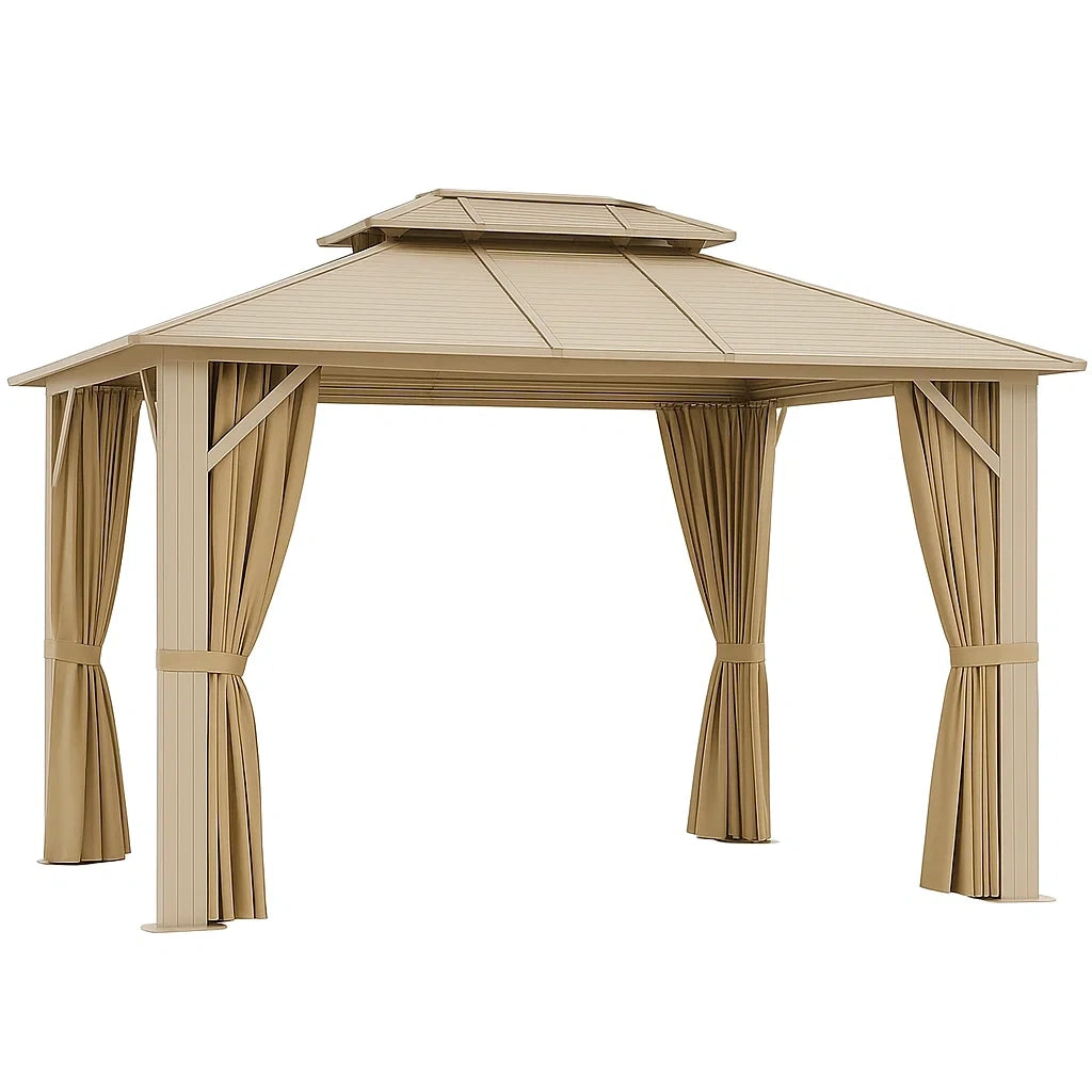 Rechteckiger Aluminium-Gartenpavillon mit Polyester-Vorhängen, Beige