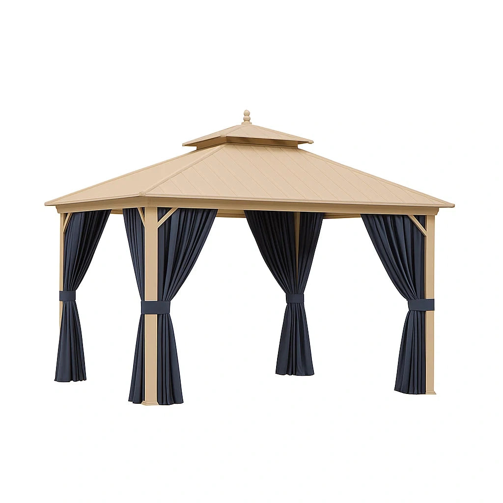 Aluminium Pavillon mit Polyester Vorhängen Beige Dunkelblau 3x4m