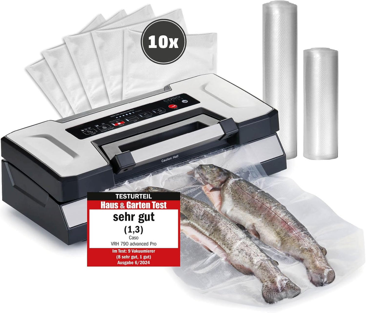 CASO VRH 790 advanced Pro, Profi‑Vakuumierer, 200 Nonstop‑Vorgänge, CASOTEK Liquid‑Funktion, doppelte Schweißnaht, inkl. Standboden‑Beutel