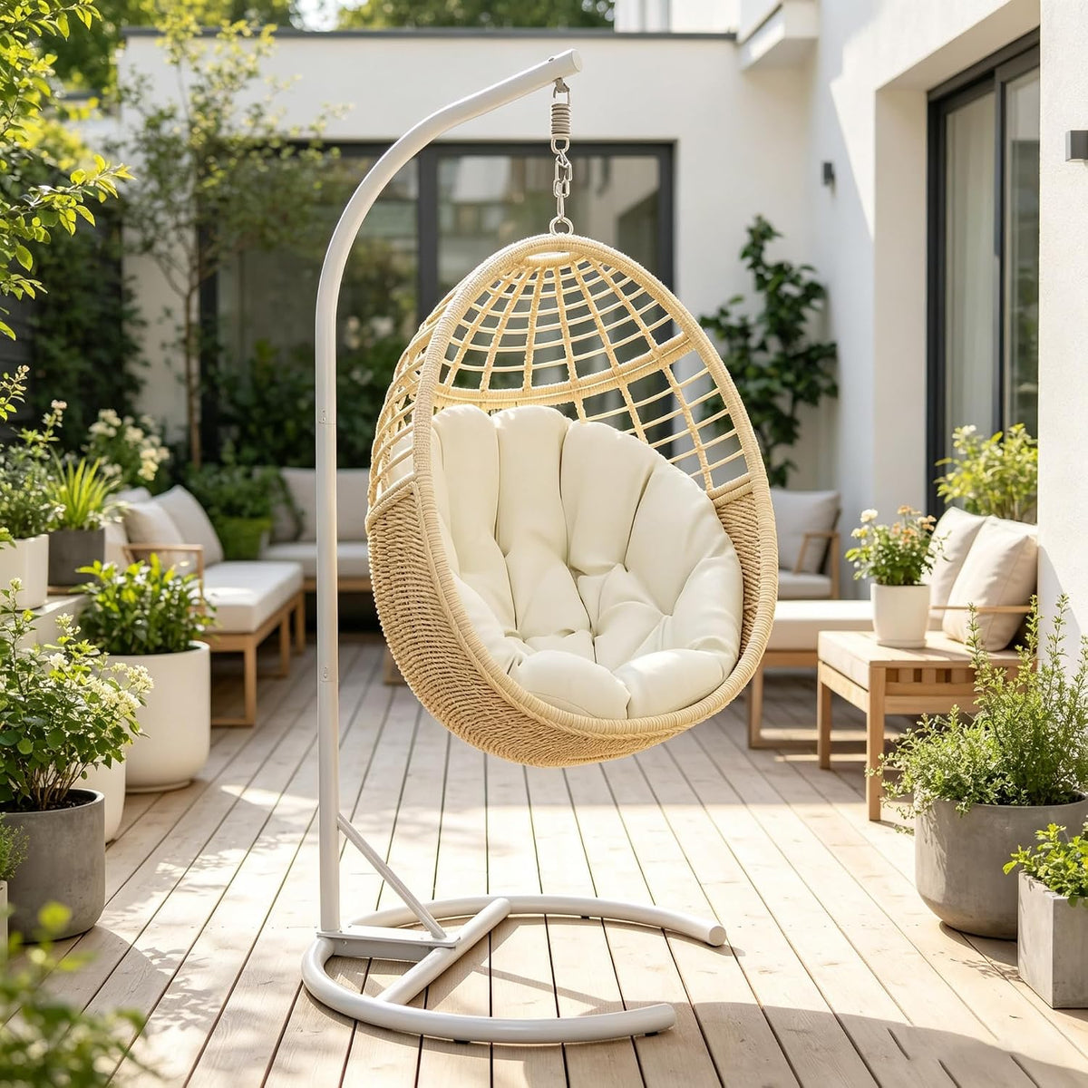 Hängesessel mit Gestell, Eierschaukelstuhl Outdoor, Beige