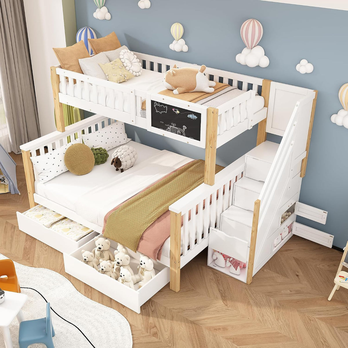 Gegtuon Etagenbett Kinderbett 90x200 & 140x200 cm mit Stauraum Treppe & 2 Schubladen, ohne Matratze (Weiß+Natur)