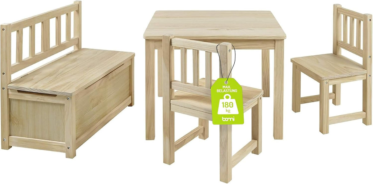 Bomi Kindersitzgruppe Anna mit integrierter Spielzeugkiste, Kinderzimmer-Set inkl. Kindertisch mit 2 Stühlen & Kindertruhenbank, Naturbelassen
