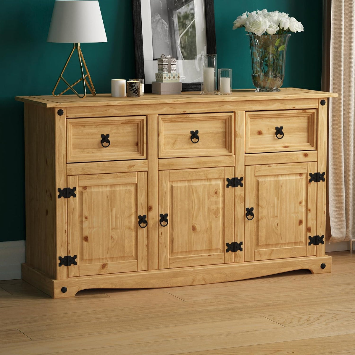 Vida Designs Corona Sideboard mit 3 Türen und 3 Schubladen, für Wohnzimmer, massives Kiefernholz, Esszimmer, Schlafzimmer