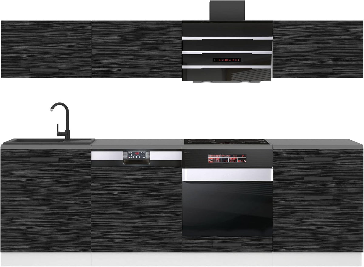 Belini Küchenzeile 240 cm Linda, mit Arbeitsplatten, Königliches Ebenholz
