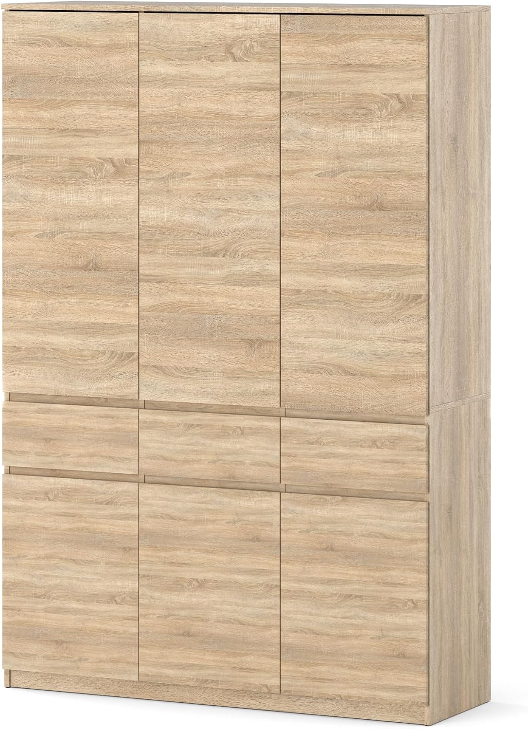 Kleiderschrank 150 cm mit 6 Türen und 3 Schubladen Sonoma Eiche, 218,5 × 150 × 50 cm, Großer Garderobenschrank mit Kleiderstange und 6 Einlegeböden