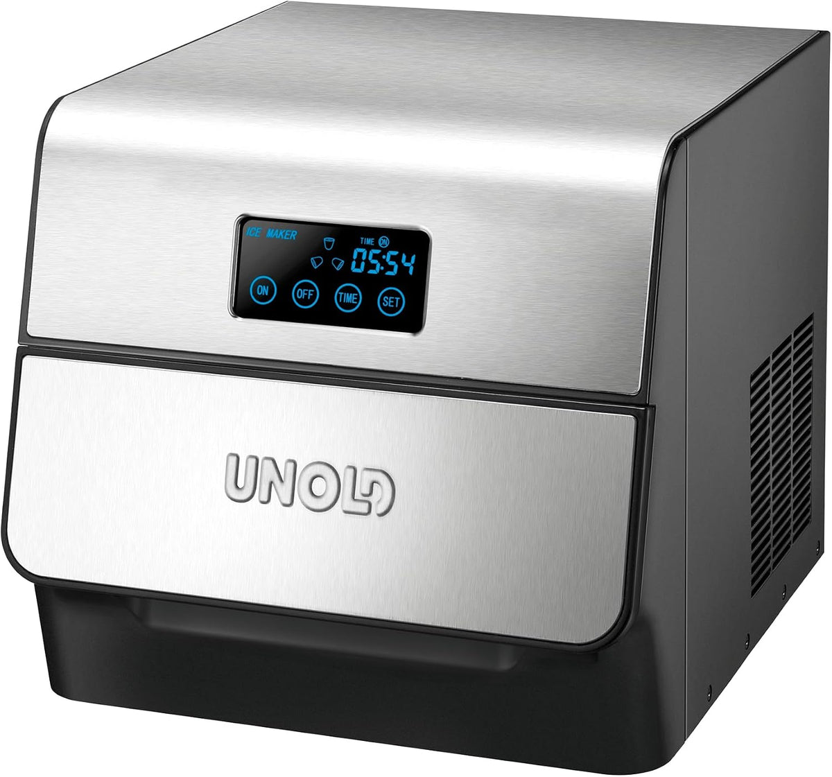 Unold Edel 48955, Eiswürfelbereiter 1.5l, Rostfreier Stahl, 1 Load, Eiswürfel in 1 h, Touch Display, digitaler Timer, klare Eiswürfel