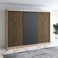 A&J MöbelLand Schwebetürenschrank IOSA Kleiderschrank 3-türig mit 4 Schubladen & 3D Lamellen, Garderobe 200 cm (Sonoma/Schwarz/Schwarz/Schwarz)
