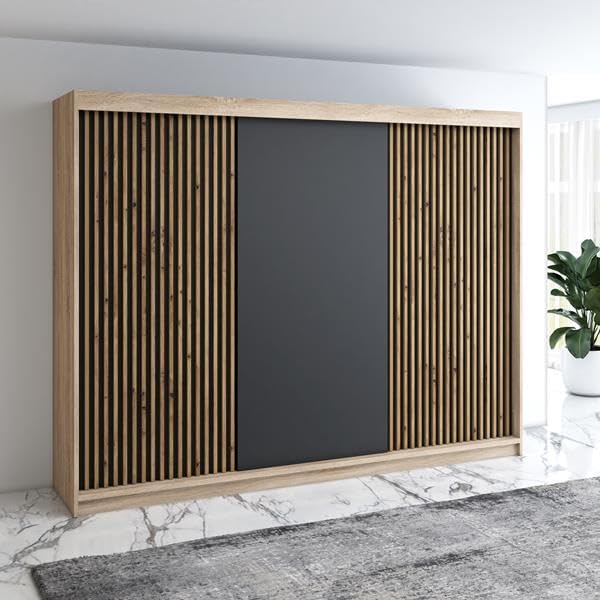 A&J MöbelLand Schwebetürenschrank IOSA Kleiderschrank 3-türig mit 4 Schubladen & 3D Lamellen, Garderobe 200 cm (Sonoma/Schwarz/Schwarz/Schwarz)