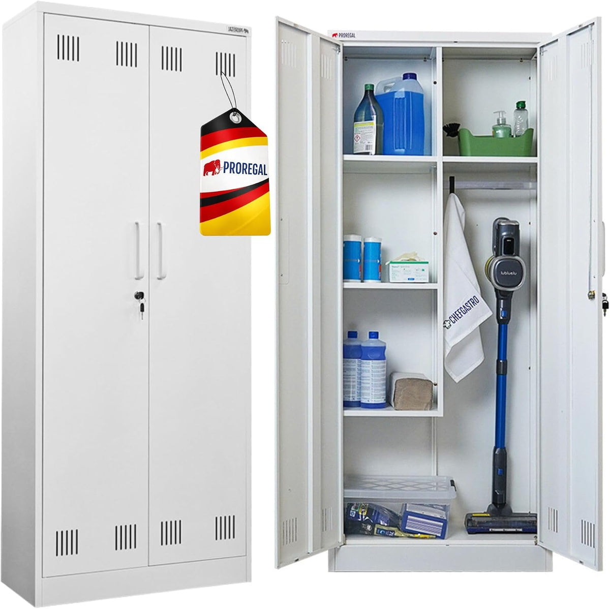 PROREGAL Putzmittelschrank Rhino Metall 2 Türen abschließbar Besenschrank schmal 170x70x30cm 5 Fächern & Kleiderstange Stahl Weiß Putzschrank
