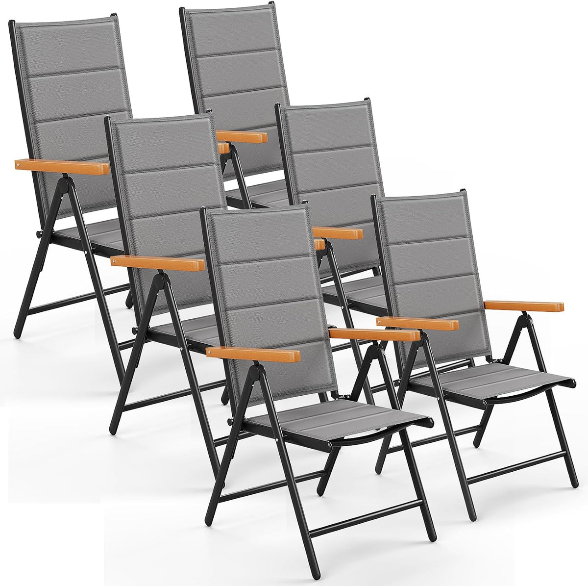 LIFERUN Gartenstühl Hochlehner Klappbar, mit Gesteppte Rückenlehne & Sitzfläche,7-Fach Verstellbar, Bis 120 kg, 6er Set Aluminium Balkonstuhl, Grau