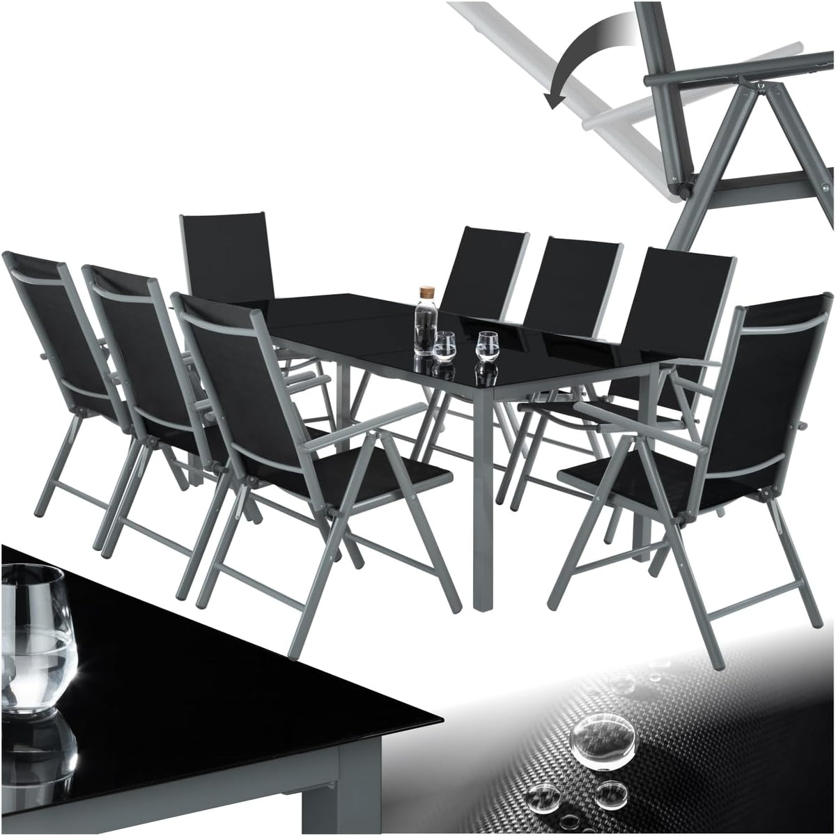 tectake Aluminium Sitzgruppe 8+1, Gartenmöbel Set mit Stuhl und Tisch, Gartentisch mit Sicherheitsglas, für Garten Terrasse Balkon, anthrazit