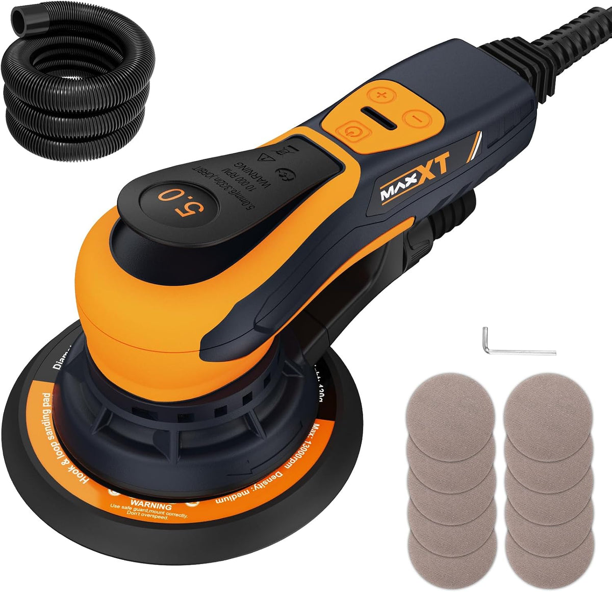 Bürstenlose MAXXT Elektroschleifer 150 mm, Automatische Bremse-2s, Exenterschleifmaschine 5,0 mm mit Dreikernanschluss, 5 m Kabel