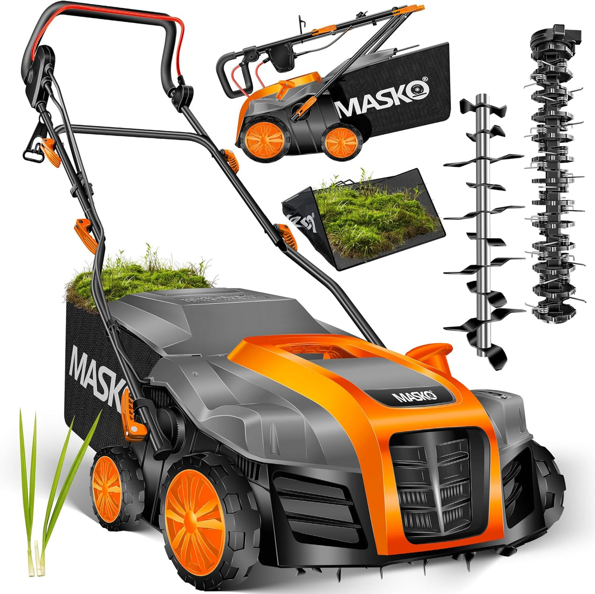MASKO Elektro 2in1 Vertikutierer Rasenlüfter 1800W 40cm Arbeitsbreite 55L Fangkorb mit Lüfterwalze Lüfter Moosentferner, 20 Stahlmesser, 5-stufige