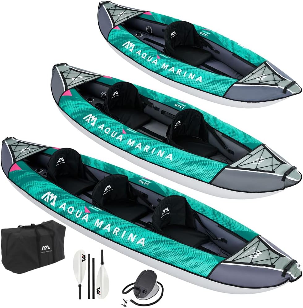 Aqua Marina, 3 Personen Laxo-380 2022 12'6' Paddelboot Kanu mit Paddel, Pumpe, Rucksack 380 x 90 cm, Kajak aufblasbar im Set für 2