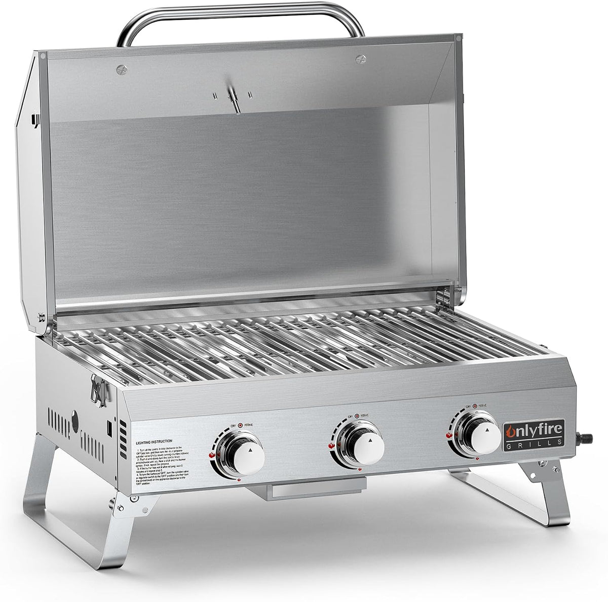 Onlyfire 3 Brenner Tragbarer Gasgrill, 7Kw, Grillfläche 56,5 × 34 cm, Tischgasgrill mit Grillrost, mit Thermometer, BBQ Campinggrill für Terrasse