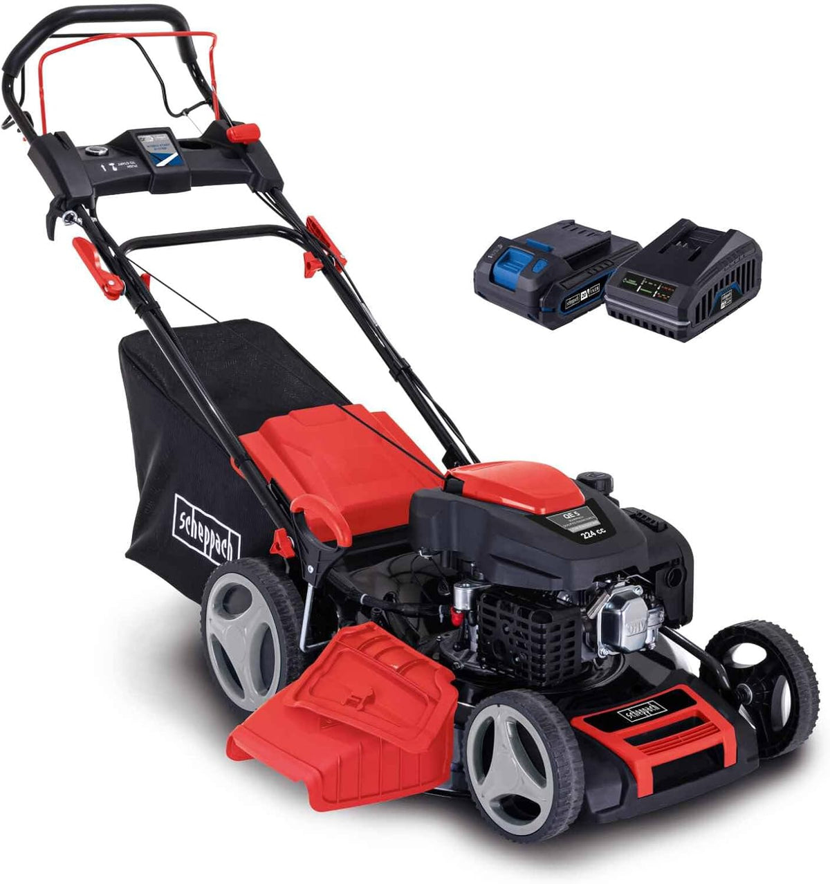 Scheppach MS225-53E VS Benzin Rasenmäher mit Antrieb & VarioSpeed, 53cm Schnittbreite, 7-stufige Höhenverstellung, 65 L Fangkorb, 6PS, E-Start
