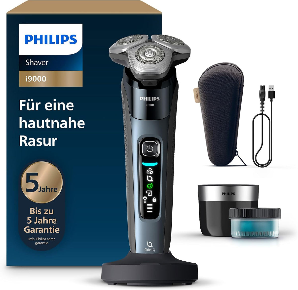 Philips Rasierer i9000, Ladestation und Reiseetui (Modell X9001/30), taubenblau, Reinigungsstaion