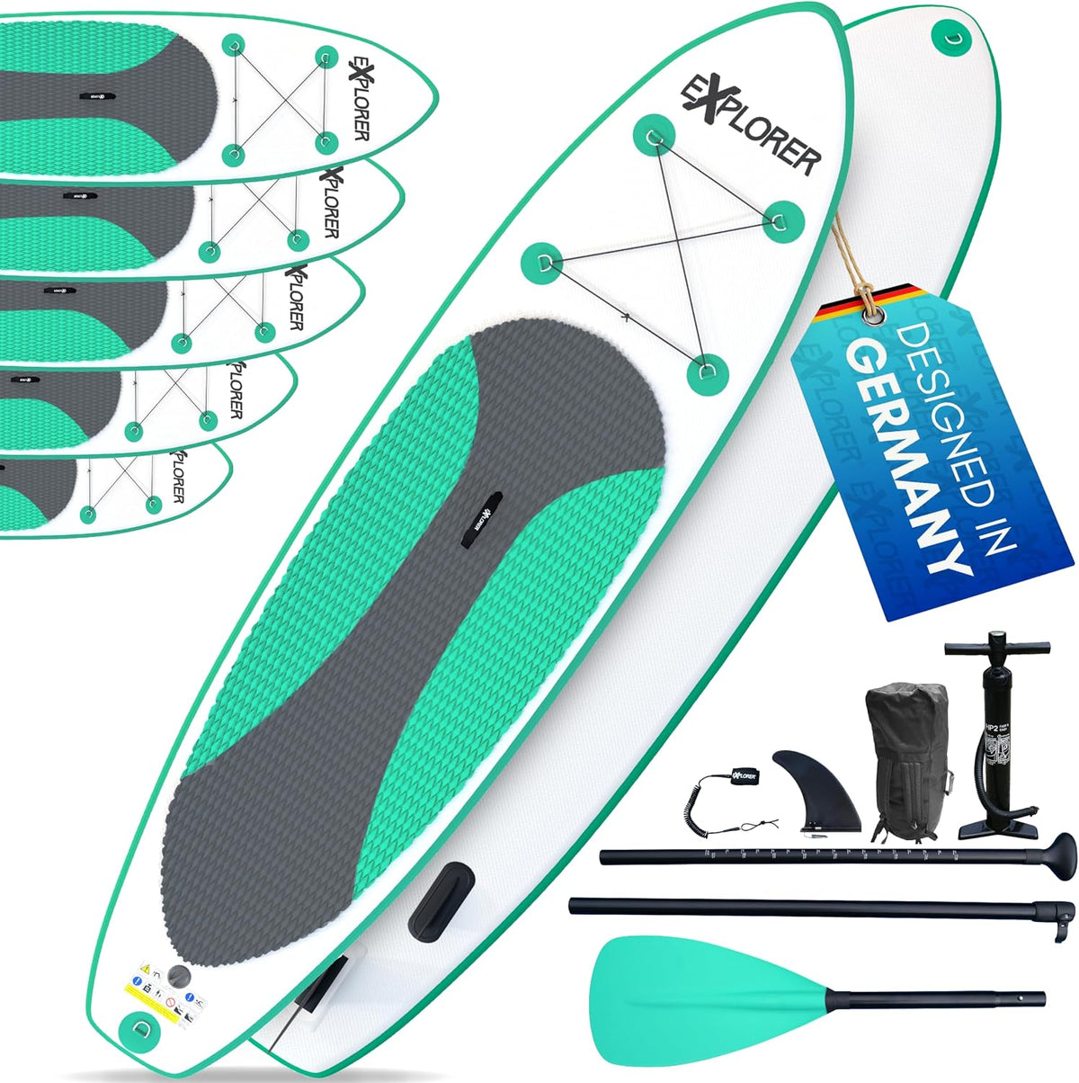 EXPLORER Wave SUP Stand Up Paddling Board Kinder bis Erwachsene mehrere Größen Mint 244cm-335cm bis 160kg Set mit Paddel, Pumpe, Rucksack