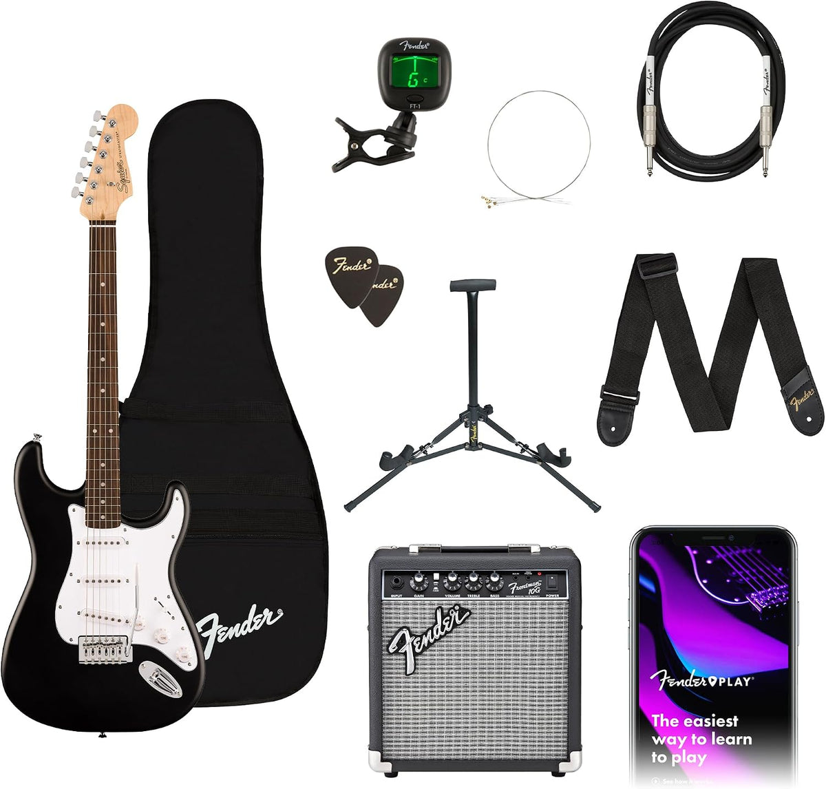 Squier by Fender Debut Stratocaster Einsteiger-Gitarrenpaket, Schwarz