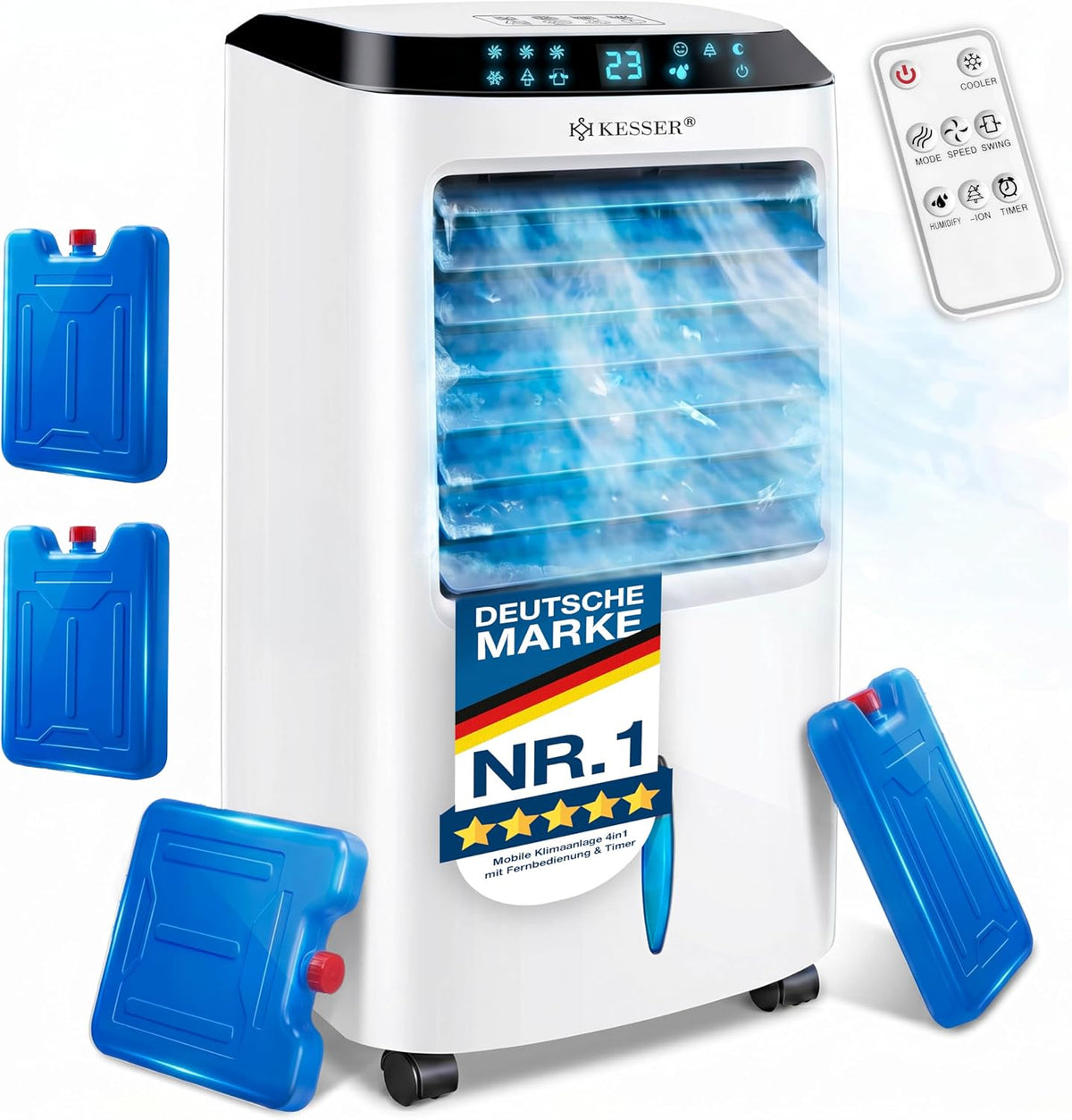 KESSER Mobile Klimaanlage 4in1 Luftkühler, Ventilator Klimagerät ohne Abluftschlauch, 10L Wassertank, Air Cooler mit Fernbedienung & Timer