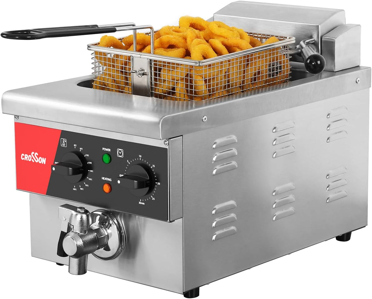CROSSON Elektrische Fritteuse mit öl 6L, Temperaturkontrolle 80-200°C,3000W, Kommerzielle Elektrische Fritteuse aus Edelstahl mit Ablaufhahn, Timer