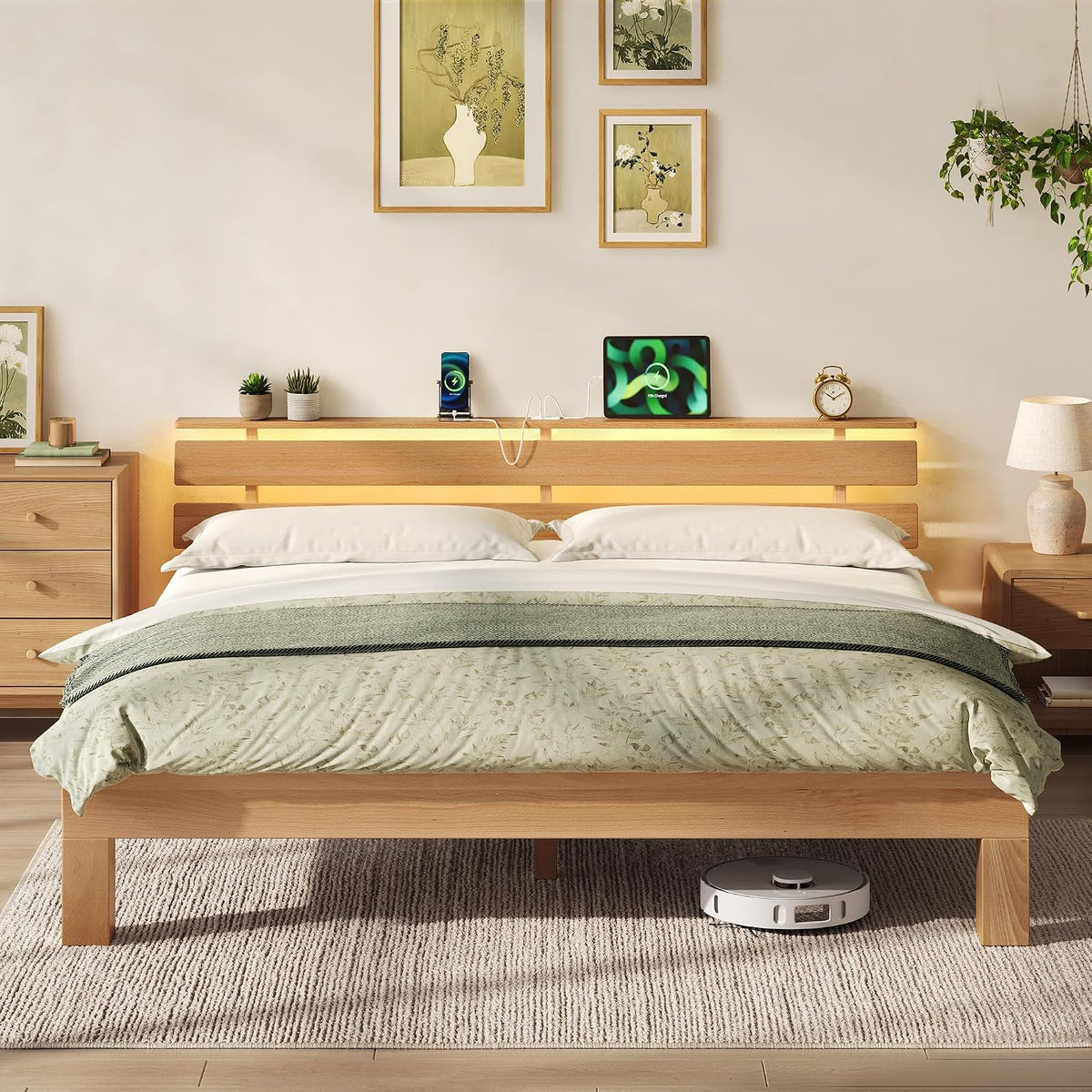 VASAGLE Massivholzbett, Bett Massivholz Buche, mit LED-Beleuchtung und USB