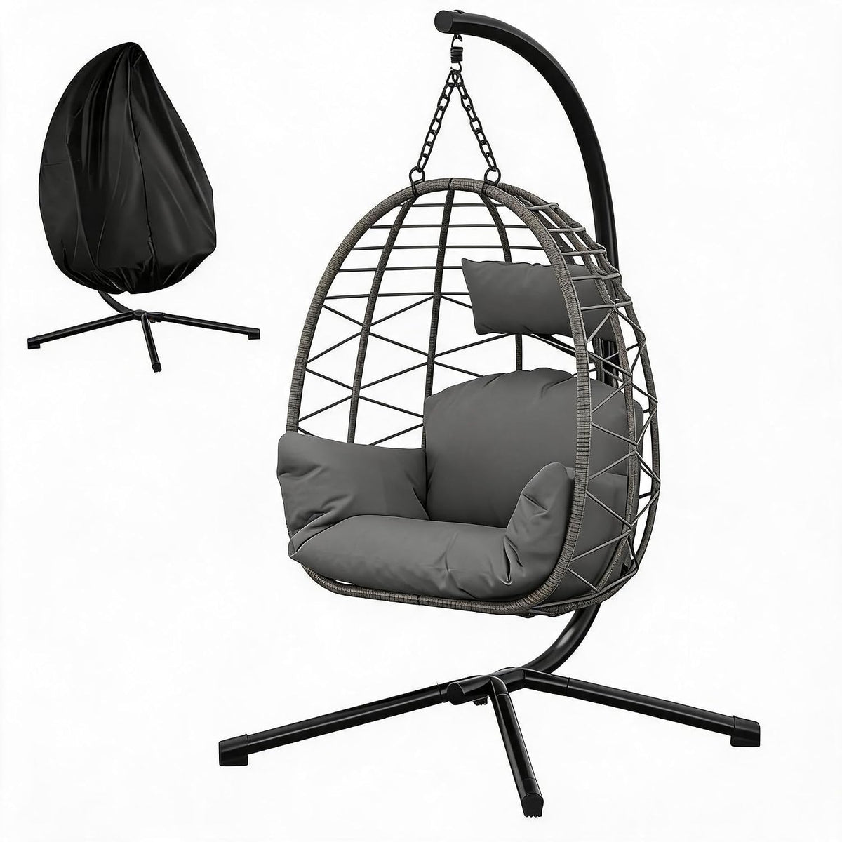 Faltbare Eierschaukel mit Gestell, bis 150kg, Polyrattan, inkl Kissen, Grau