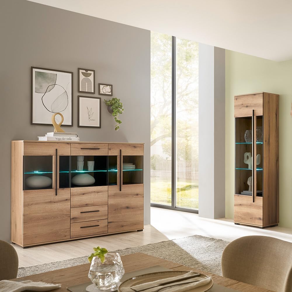 Lomadox Wohnzimmer-Set 2-teilig bestehend aus Vitrine und Highboard in Eiche inkl. LED Beleuchung