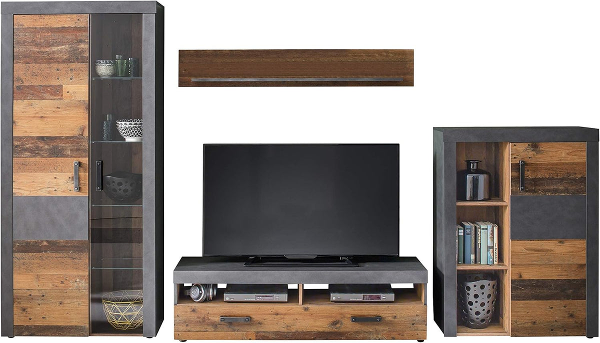trendteam smart living, Wohnwand (Vitrine + TV-Lowboard + Wandregal + Standregal), (BxHxT) 343 x 189 x 40 cm, Indy, Graphit Grau/Alteiche