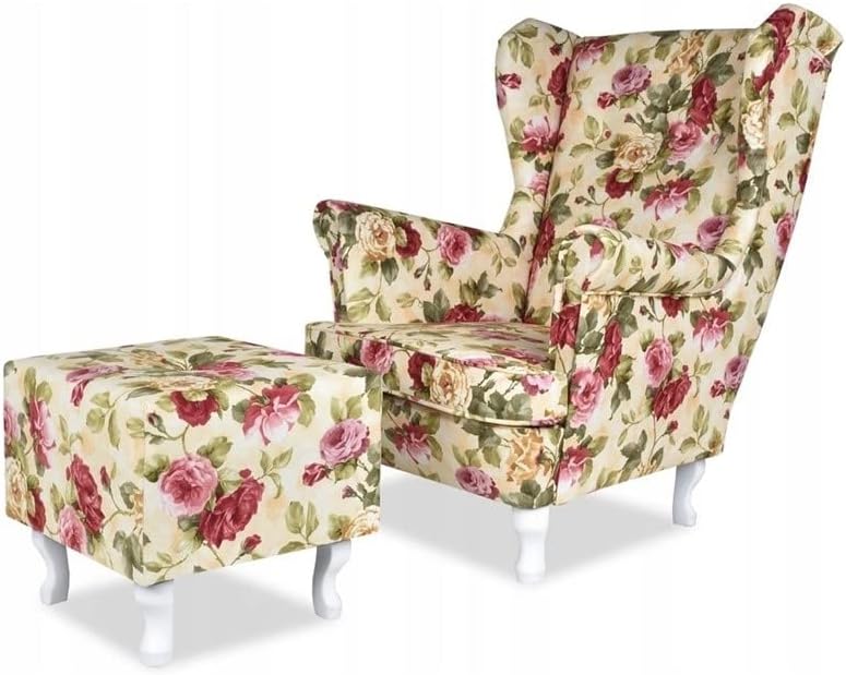 Ohrensessel mit Hocker, Bequemer Sessel, Relaxsessel aus Webstoff, Für Wohnzimmer, Modell Print, Skandinavisch, Loungesessel, Esszimmer, Schlafzimmer