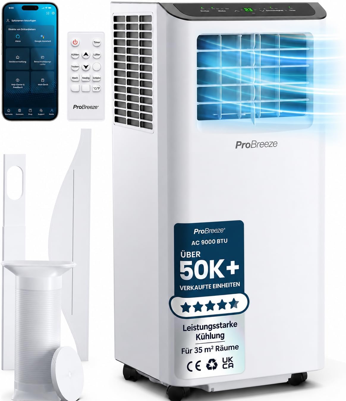 Pro Breeze 4-in-1 Mobile Klimaanlage mit 9000 BTU, Klimagerät mit Energieklasse A, Ventilator, Luftkühler, Luftentfeuchter, Nachtmodus