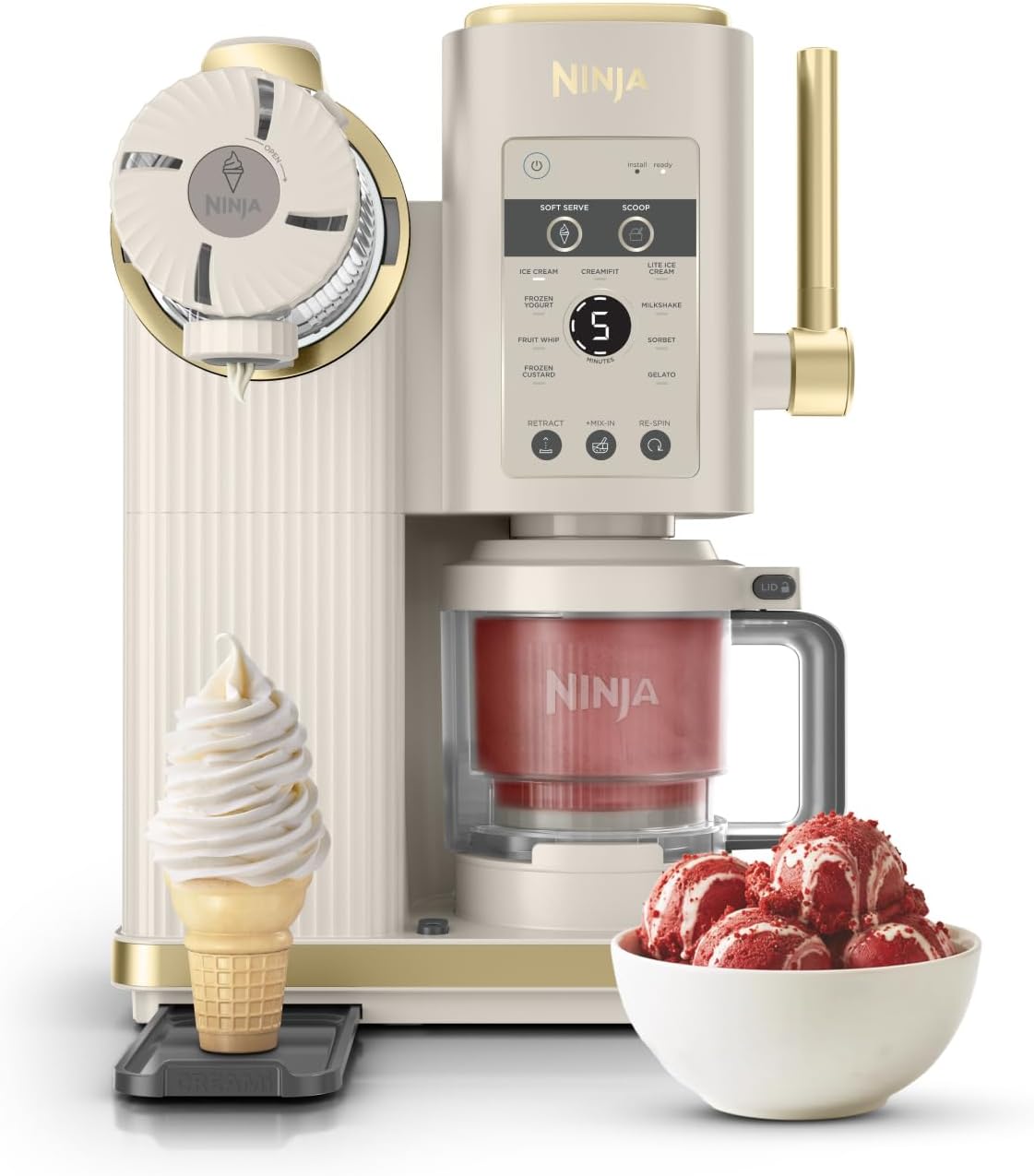 Ninja CREAMi Scoop & Swirl Eismaschine mit 2 Behältern, Stone Gold NC701EUSTGD, für Eiscreme, mit Mix-In-Funktion, 13 Funktionen, Softeis, Gelato