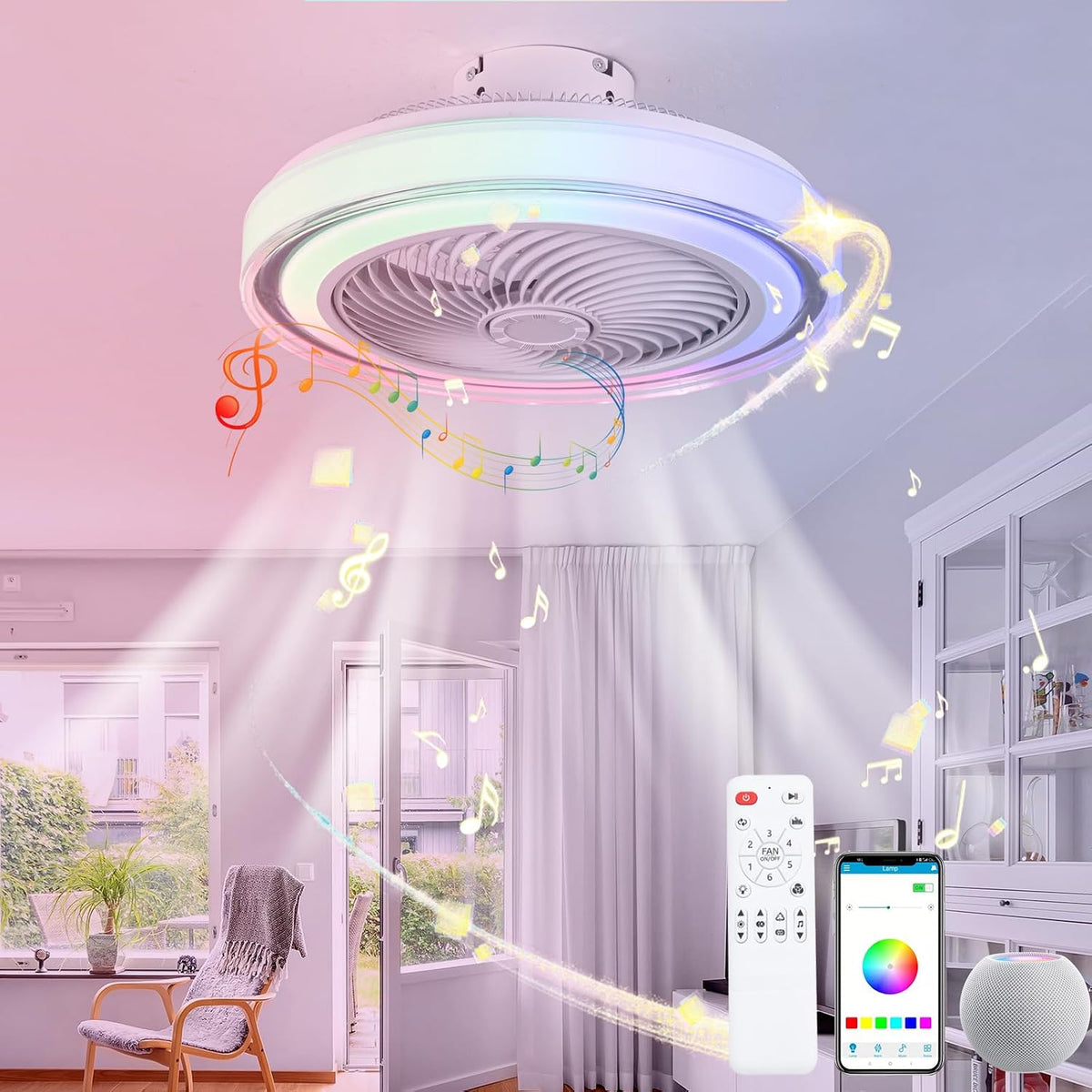 LED RGB Modern Fan Lampe Mit Ventilator Und Alexa 6 Windgeschwindigkeiten Bluetooth-Musiklautsprecher Deckenventilator Mit Beleuchtung
