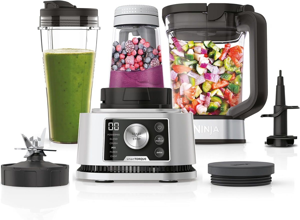 Ninja Foodi Power Nutri Mixer Smoothie Maker 3-in-1, 700ml Becher & 400ml Schüssel mit Power-Rührer, 1200W, Silber CB350EU, 2,1L Krug