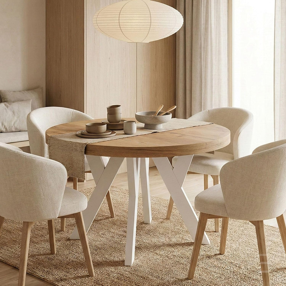 Runder Ausziehbarer Tisch für Esszimmer mit Holzbeinen, Durchmesser Varianten: von 90 bis 220 cm (Eiche Wotan/Weiß, 90/190 cm), Pero, Loft-Stil