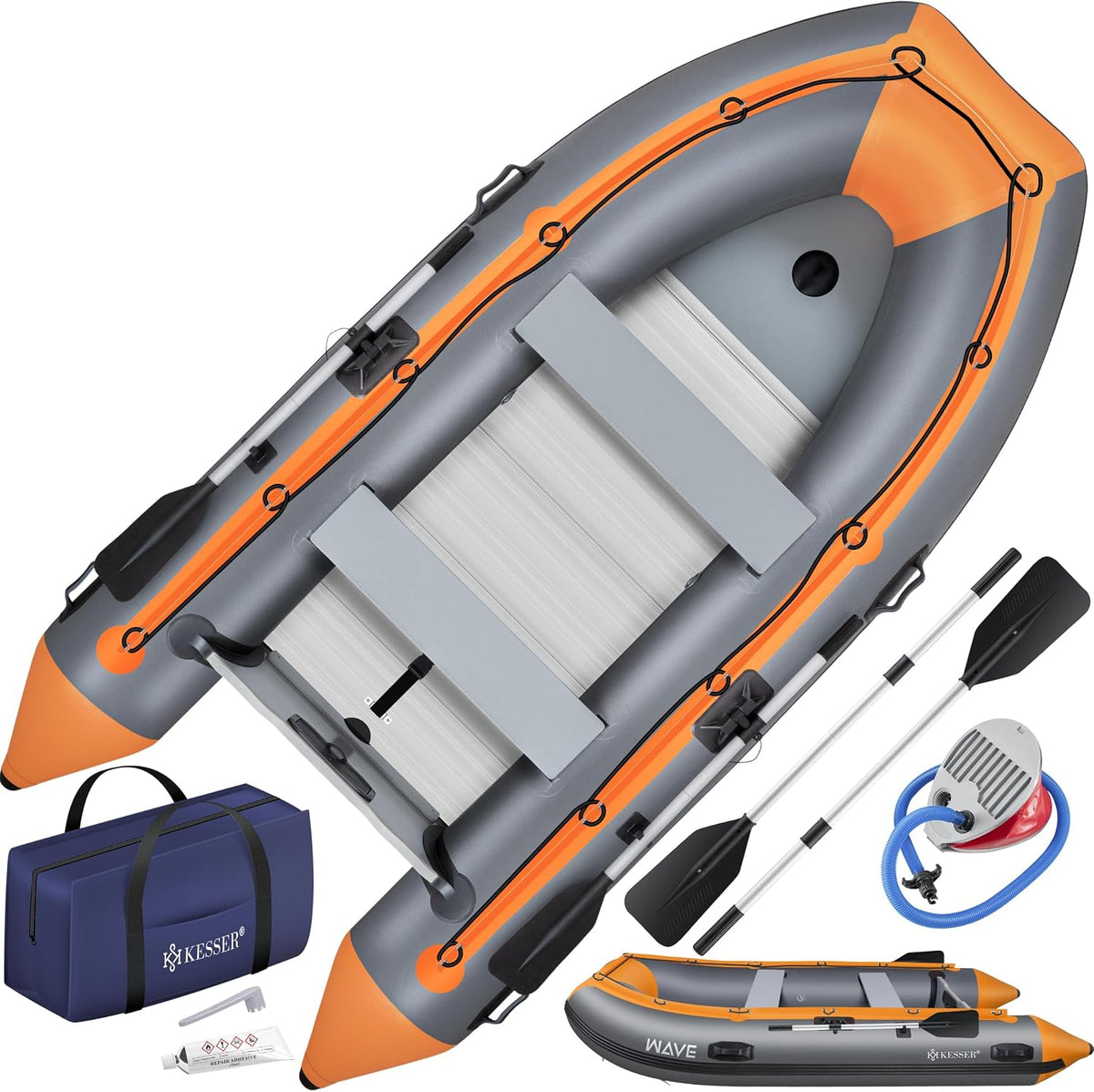 KESSER Schlauchboot Wave 230-380 cm Set 6-teilig aufblasbar, Boot + Bank, Luftpumpe, Paddel, Reparaturset, Tasche, Angelboot, Motorkombi möglich