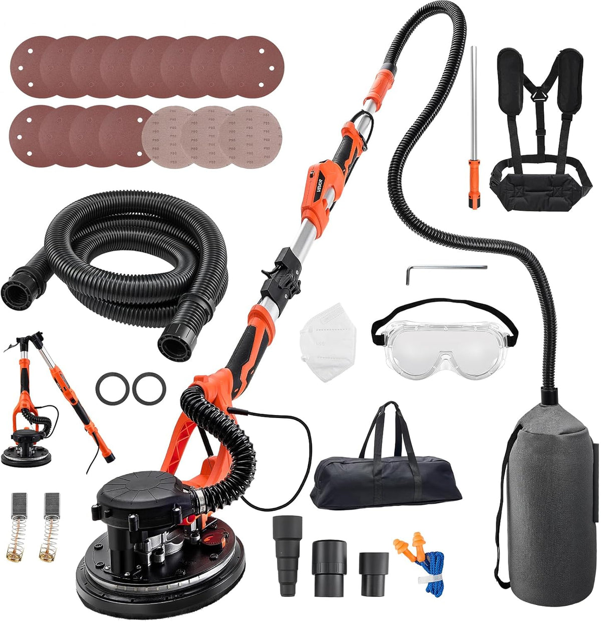 VEVOR Trockenbauschleifer 1150 W, Deckenschleifer mit 255 mm Schleifteller, 800-1700 U/min Drehzahl, Langhalsschleifer mit Staubabsaugung, LED-Licht