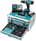Makita DHP453RFX2 Akku-Schlagbohrschrauber 18 V / 3,0 Ah im Alukoffer + 96tlg. Zubehör-Set, Blau/Silber