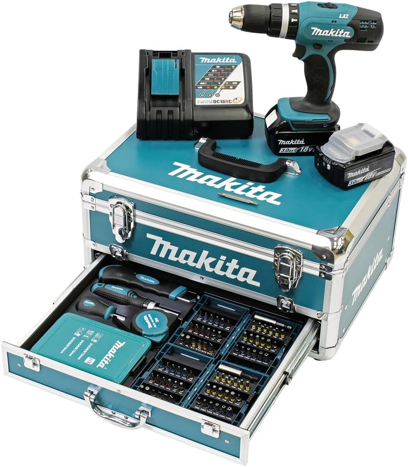 Makita DHP453RFX2 Akku-Schlagbohrschrauber 18 V / 3,0 Ah im Alukoffer + 96tlg. Zubehör-Set, Blau/Silber