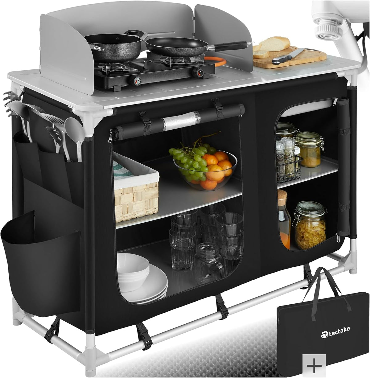 tectake Camping Küche, Küchenschrank mit Arbeitsplatte und Staufächern für Outdoorküche, Wohnwagen oder Auto Camping mit Tragetasche, Reiseküche