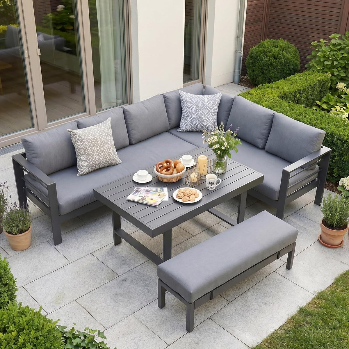Atenza Gartenlounge wetterfest, Ecksofa 6-8 Personen mit Tisch, Grau
