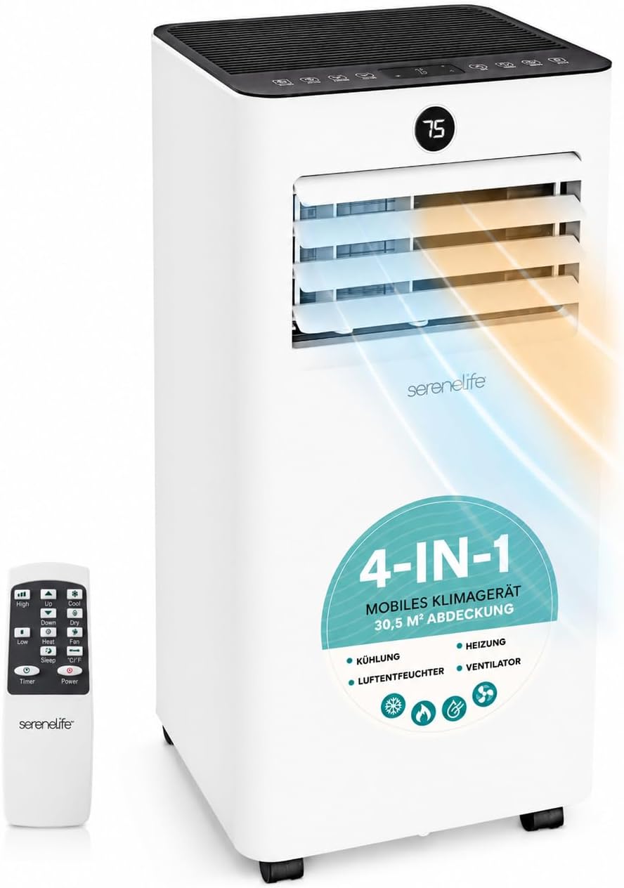 SereneLife Mobile Klimaanlage mit Abluftschlauch 9000 BTU, für Heiße Sommertage, 4 in 1 Kühlen, Heizen, Entfeuchten und Ventilieren, bis 31 m²