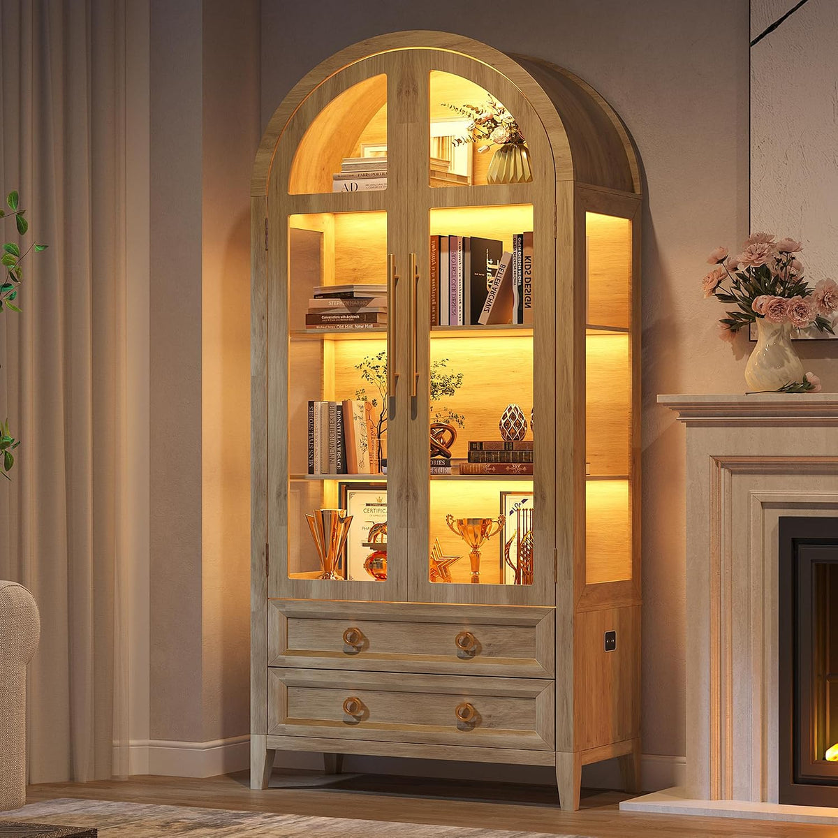 LVSOMT Gewölbte Glasvitrine mit LED Beleuchtung mit Glastüren, 180cm, Holz
