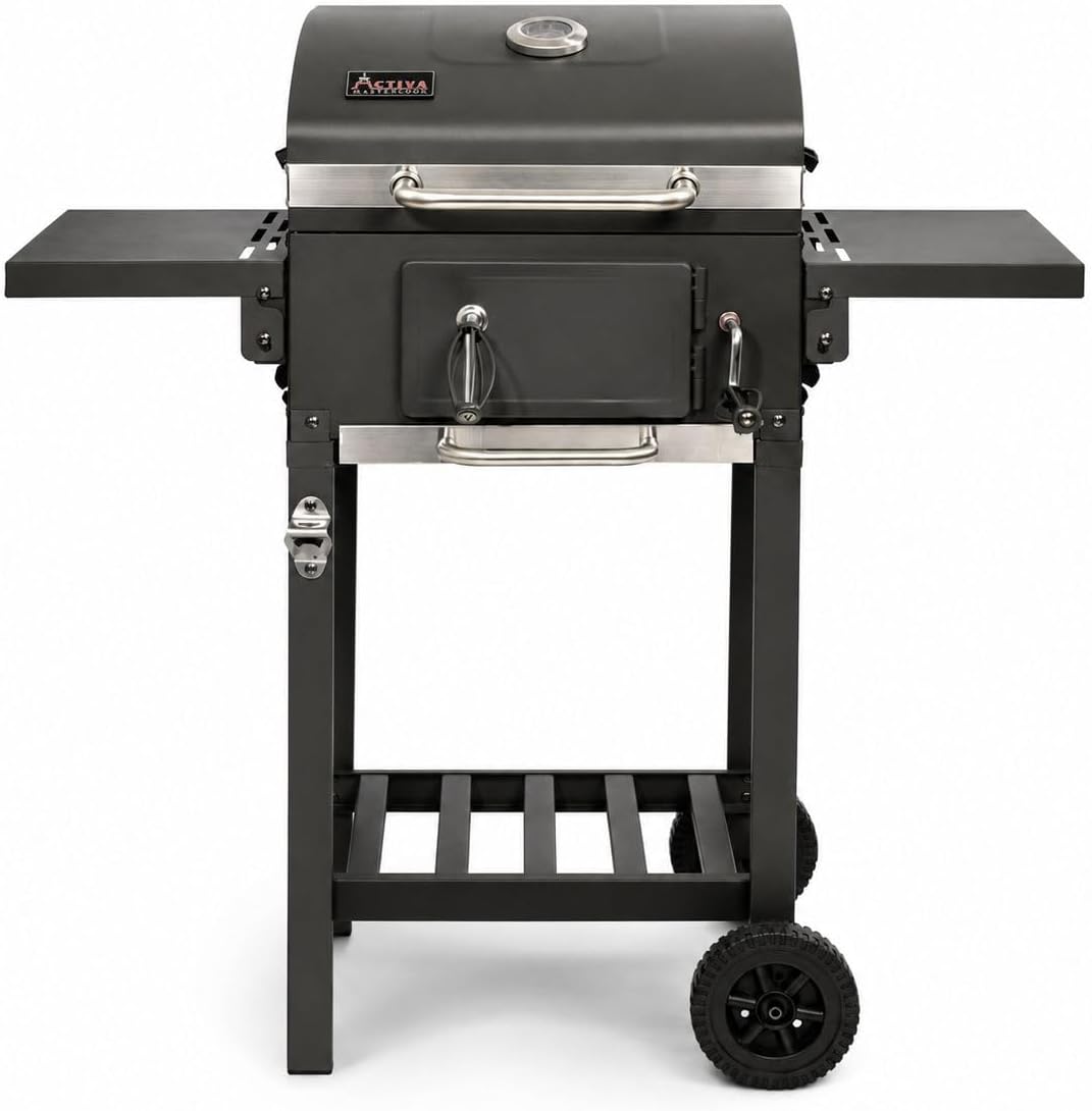 ACTIVA Holzkohlegrill Angular Smart mit Gusseisen-Grillrost I Grillwagen mit Deckel