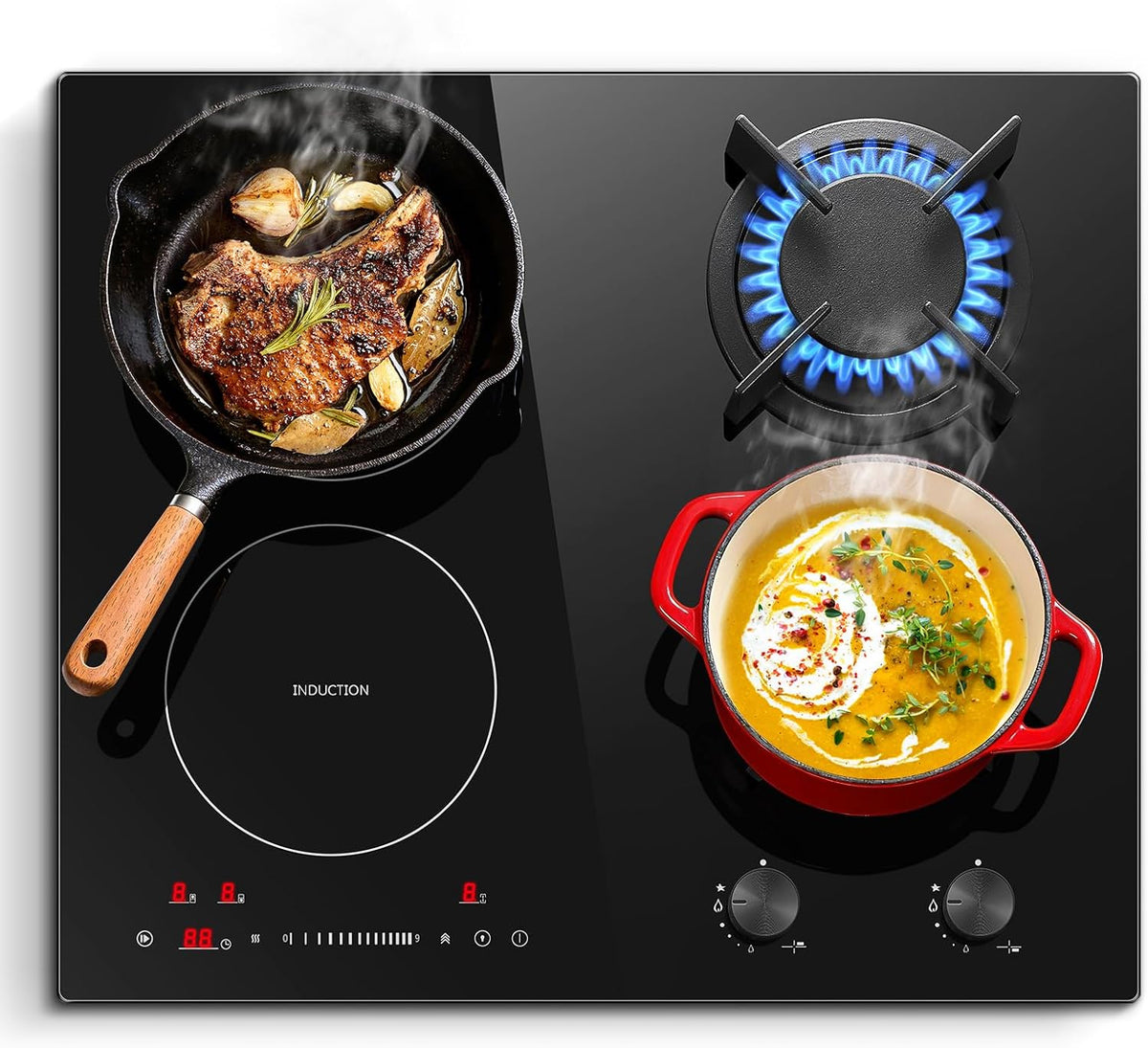 SNDOAS 60cm Gaskochfeld Induktionskochfeld Kombination, 7500W mit Stecker